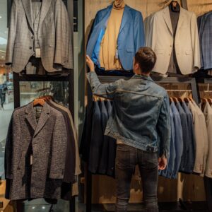 A man examines suits in a stylish fashion store display, highlighting modern shopping choices.